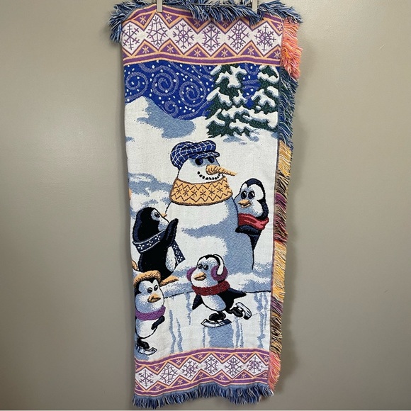 Vintage Crown Crafts Winter Tapestry Penguin Snowman blanket Throw - Picture 2 of 6